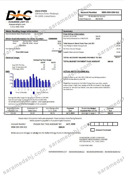 USA Pennsylvania Duquesne light utility bill template in Word and PDF format